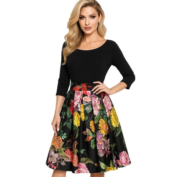eShakti Fit Flare Dress Women’s M 10 Black Floral Midi Pleated Skirt 3/4 Sleeve - Picture 1 of 10